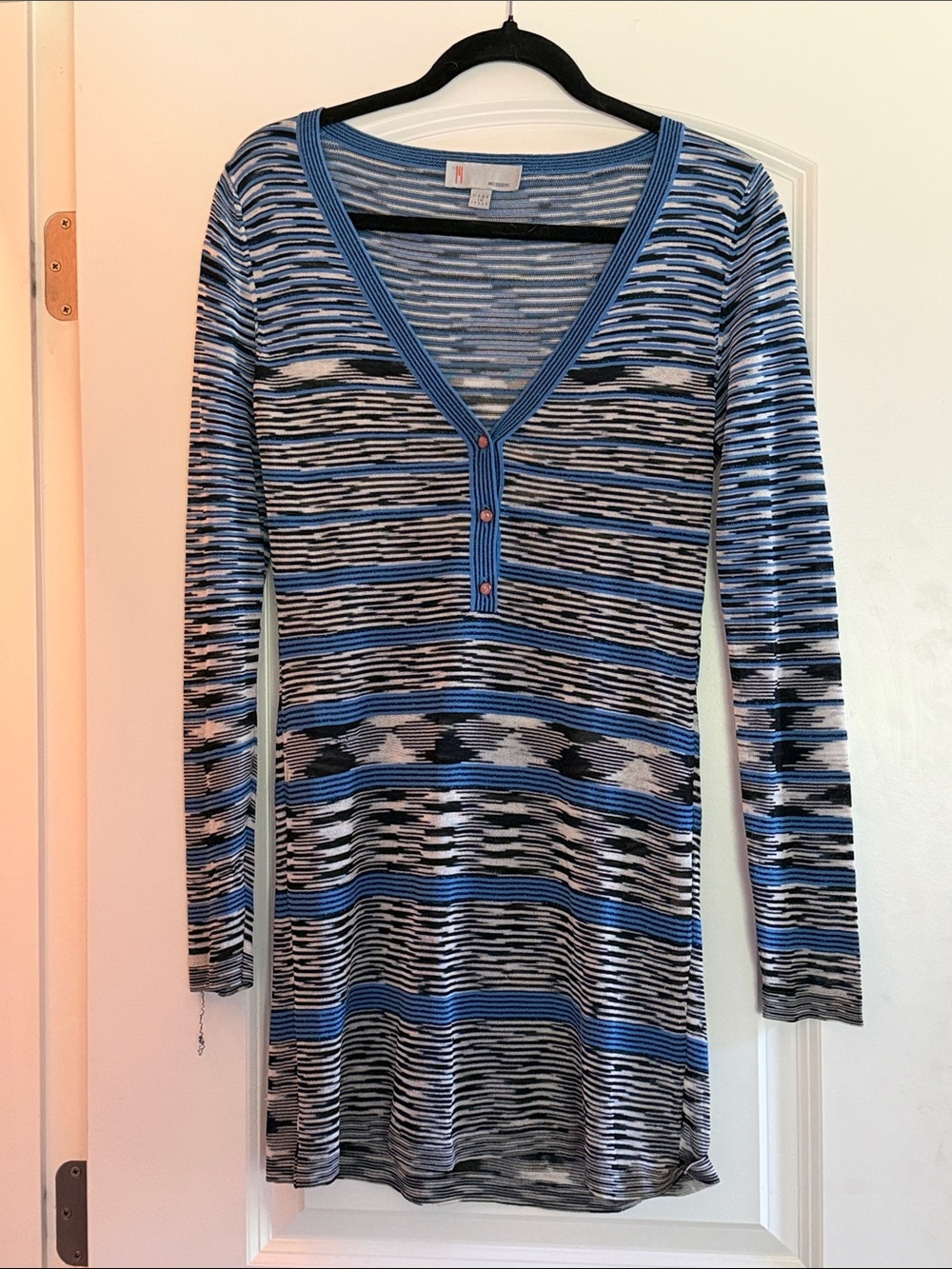 Missoni Blue, Black & White Striped V-Neck Knit Mini Dress